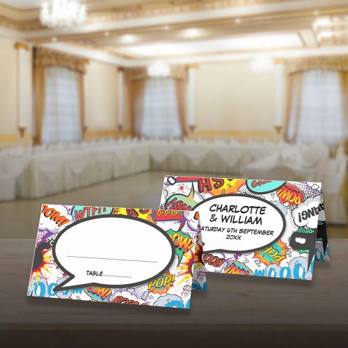 Modern Wedding Colorful Typographic Comic Book Place Card