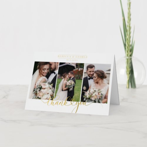 Modern Wedding Couple Photo Collage Thank You Gold Foil Greeting Card