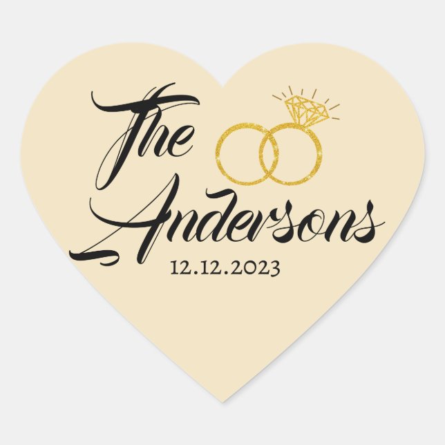 Modern Wedding  Couple Ring Favor Name Date Golden Heart Sticker (Front)