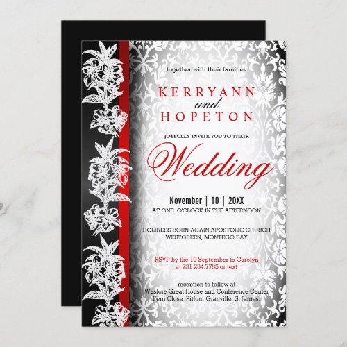 Modern Wedding Damask in White Black and Red Invi Invitation