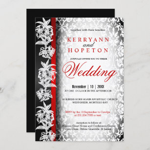 Modern Wedding Damask in White, Black and Red Invi Invitation