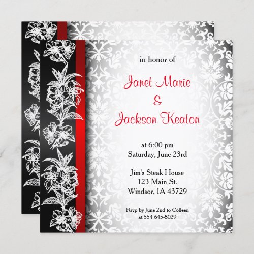 Modern Wedding Damask in White Black and Red Invitation