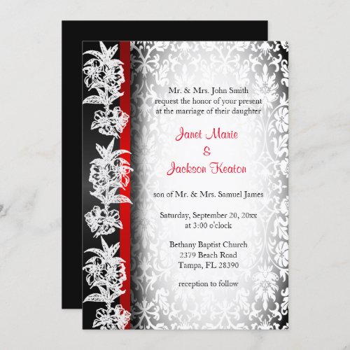 Modern Wedding Damask in White Black and Red Invitation