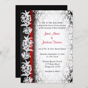 Modern Wedding Damask in White, Black and Red Invitation