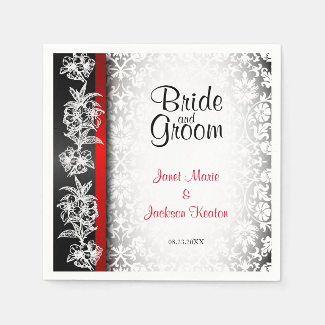 Modern Wedding Damask in White, Black and Red Napkins (Front)