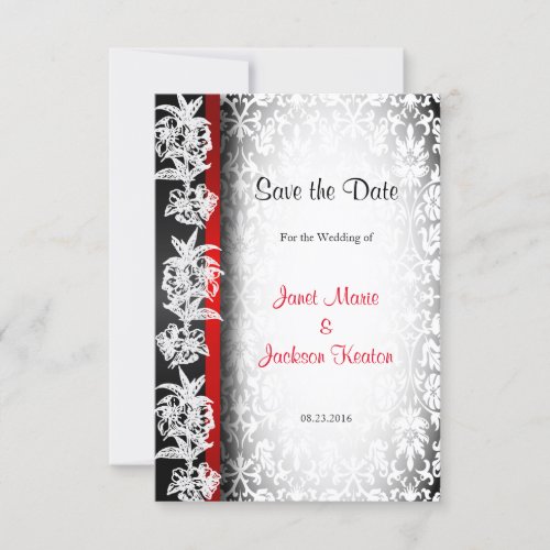 Modern Wedding Damask in White Black and Red Save The Date