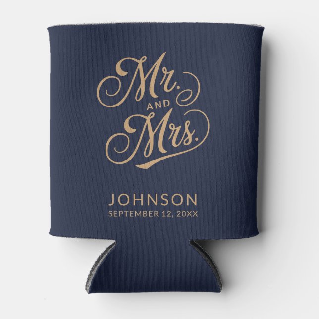 Modern Wedding Date Navy Blue Mr & Mrs Party Favor Can Cooler (Front)