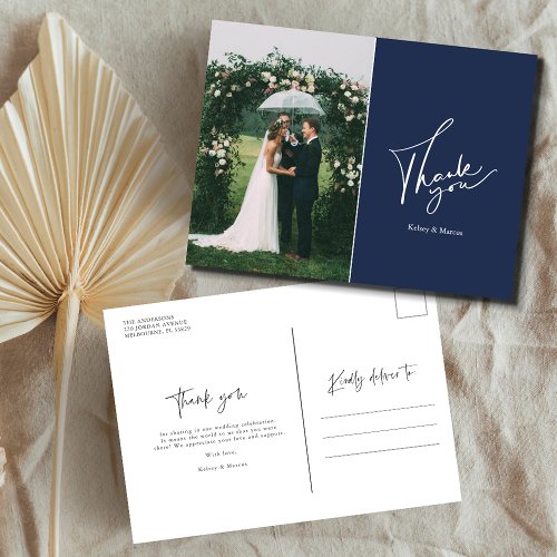 Modern Wedding Day Photo Thank You  Navy Blue Postcard