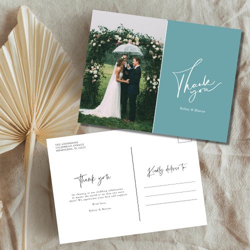 Modern Wedding Day Photo Thank You  Teal  Postcard