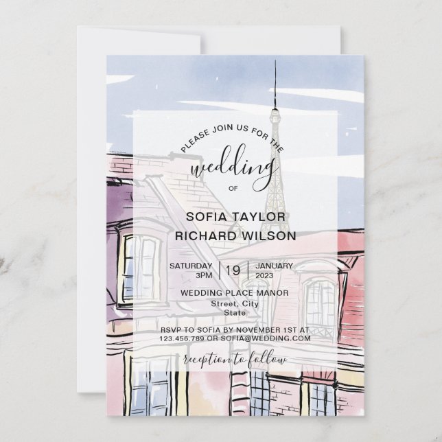 Modern Wedding Destination Paris Eiffel Tower Invi Invitation (Front)