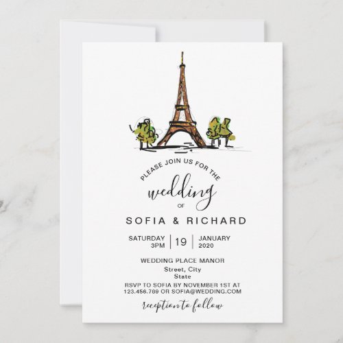 Modern Wedding Destination Paris Eiffel Tower Invitation
