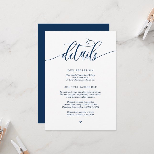 Modern Wedding Details, Navy Blue Enclosed Card (Front/Back In Situ)