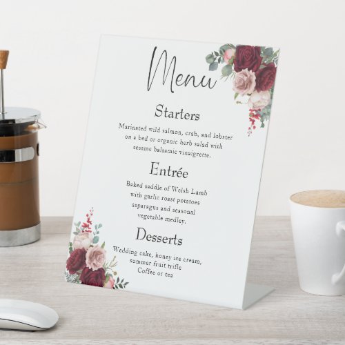 Modern Wedding Dinner Menu  Burgundy Blush Floral  Pedestal Sign