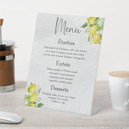 Modern Wedding Dinner Menu   Watercolor Lemons Pedestal Sign
