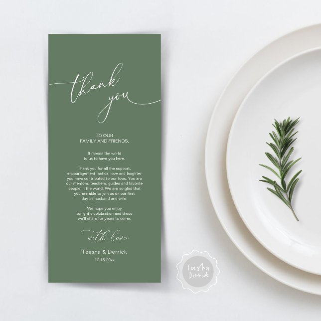 Modern Wedding Dinner Place Setting Thank You Card (Modern Wedding Dinner Place Setting Thank You Card, Plate decor, in Forest Sage Green)