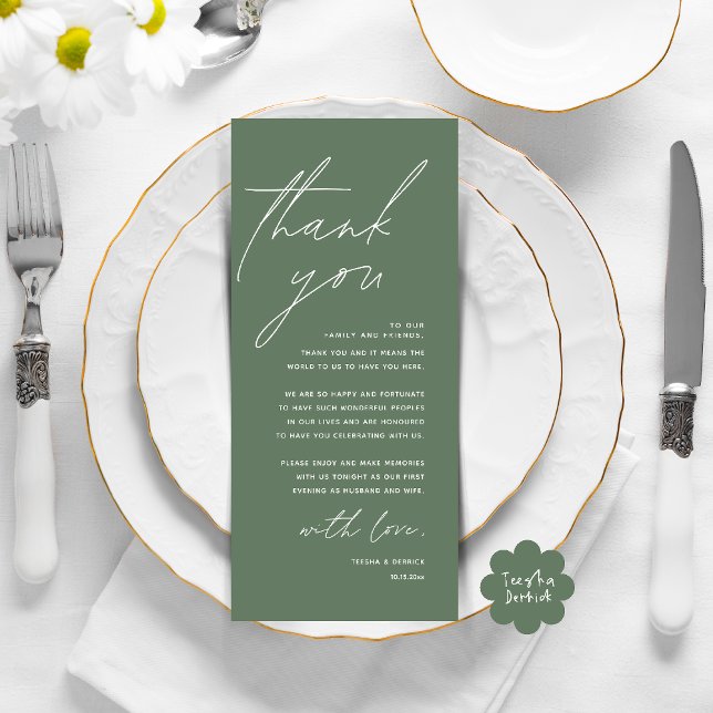 Modern Wedding Dinner Place Setting Thank You Card (Modern Wedding Dinner Lunch Brunch Celebration Place Setting Thank You Card in Sage Green Forest)