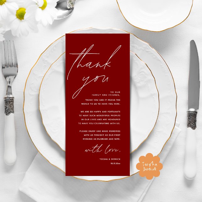 Modern Wedding Dinner Place Setting Thank You Card (Modern Wedding Dinner Lunch Brunch Celebration Place Setting Thank You Card in Burgundy Wine Red)