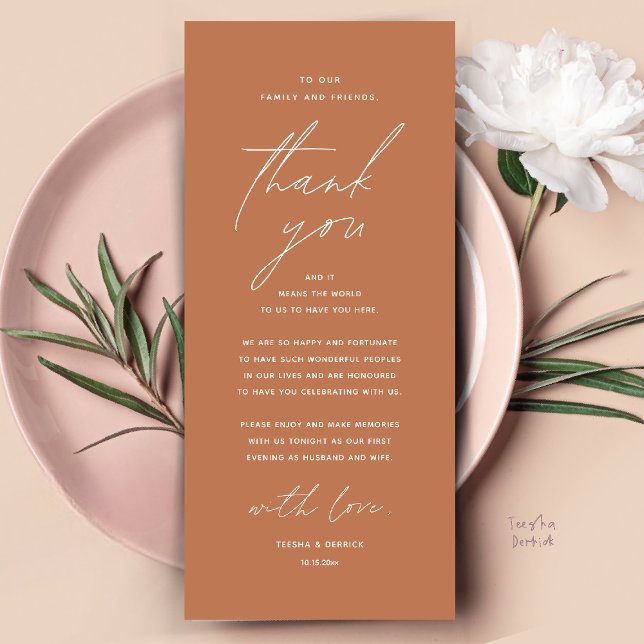 Modern Wedding Dinner Place Setting Thank You Card (Modern Wedding Dinner Place Setting Thank You Card Reception Brunch Lunch in Copper Brown Terracotta)