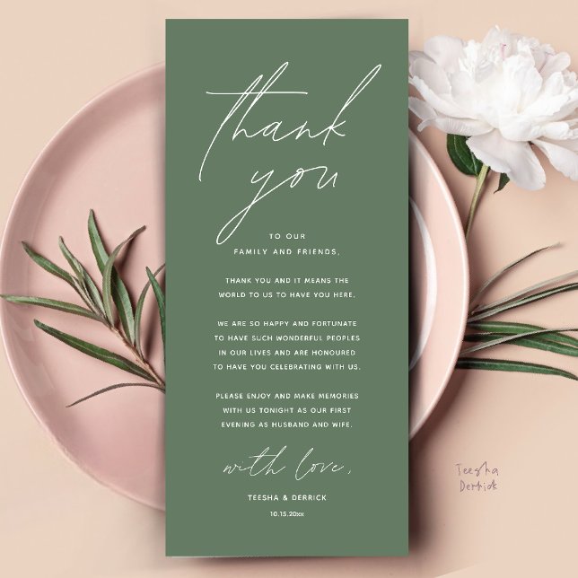 Modern Wedding Dinner Place Setting Thank You Card (Modern Wedding Dinner Place Setting Thank You Card Reception Brunch Lunch in sage green)