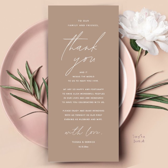 Modern Wedding Dinner Place Setting Thank You Card (Modern Wedding Dinner Place Setting Thank You Card Reception Brunch Lunch in Warm Chic Taupe Brown)