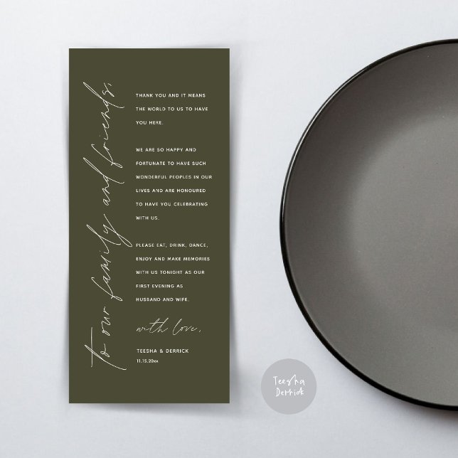 Modern Wedding Dinner Place Setting Thank You Card (Wedding Dinner Place Setting Thank You Card, Modern Minimalist Script, in Olive Green)