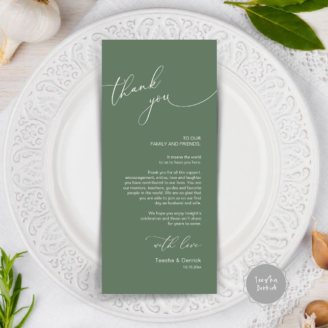 Modern Wedding Dinner Place Setting Thank You Card (Modern Wedding Dinner Place Setting Thank You Card, in forest sage green)