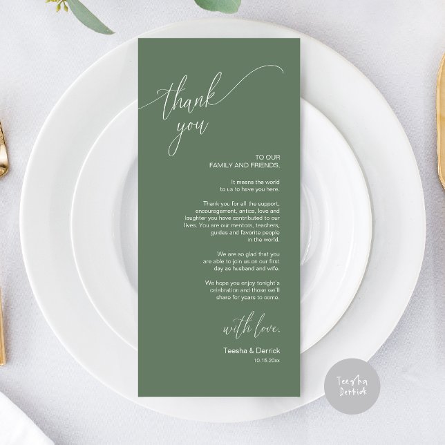 Modern Wedding Dinner Place Setting Thank You Card (Modern Elegant Wedding Dinner Place Setting Thank You Card, in Forest Sage Green)