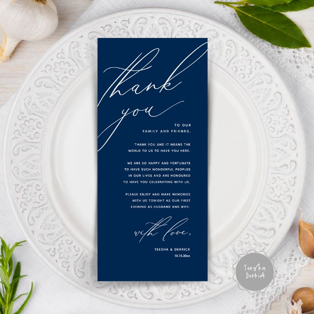 Modern Wedding Dinner Place Setting Thank You Card (Modern Wedding Dinner Place Setting Thank You Card, Minimalist Navy Blue)