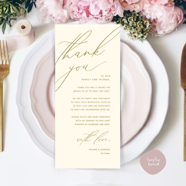 Modern Wedding Dinner Place Setting Thank You Card (Modern Wedding Dinner Place Setting Thank You Card, Minimalist Yellow Gold)