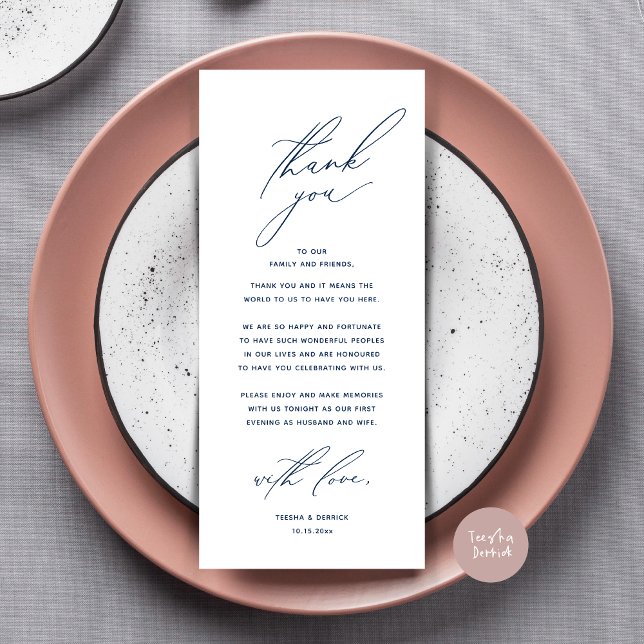 Modern Wedding Dinner Place Setting Thank You Card (Modern Wedding Dinner Place Setting Thank You Card, Minimalist Navy Blue)