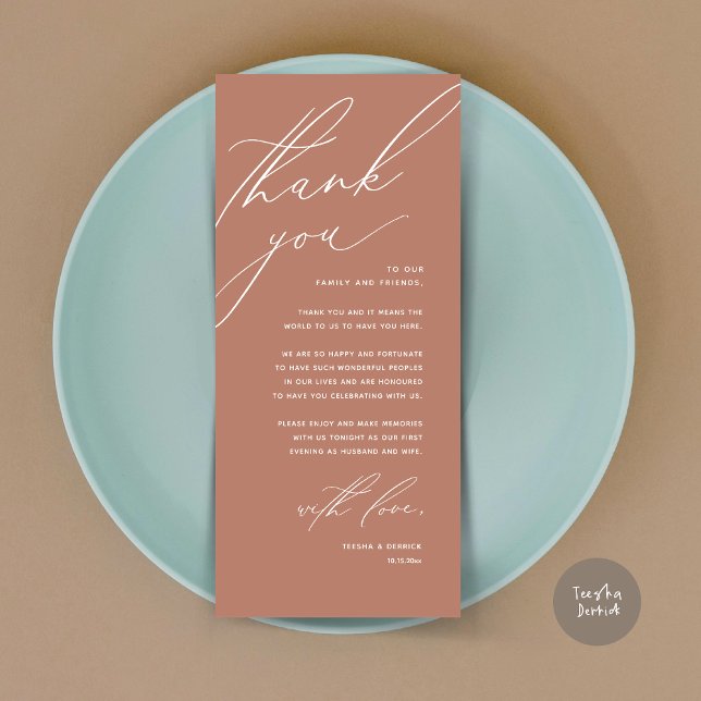 Modern Wedding Dinner Place Setting Thank You Card (Modern Wedding Dinner Place Setting Thank You Card, Minimalist Terracotta Earthy Brown)