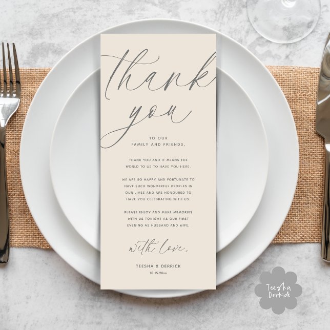 Modern Wedding Dinner Place Setting Thank You Card (Wedding Dinner Place Setting Thank You Card Modern Romantic Contemporary Classy Cream Grey)