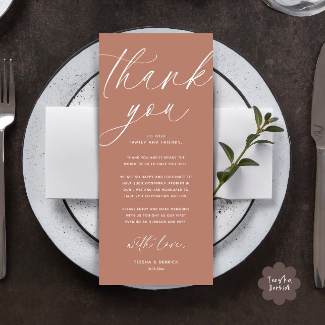 Modern Wedding Dinner Place Setting Thank You Card (Wedding Dinner Place Setting Thank You Card Modern Romantic Contemporary Classy Terracotta Brown)