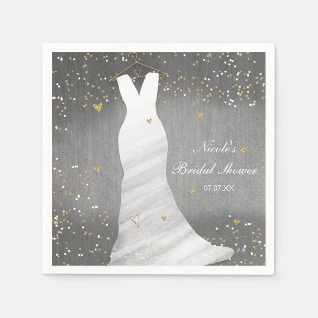Modern Wedding Dress Confetti Hearts Bridal Shower Napkins (Front)