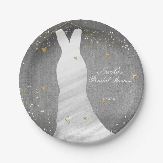 Modern Wedding Dress Confetti Hearts Bridal Shower Paper Plates (Front)