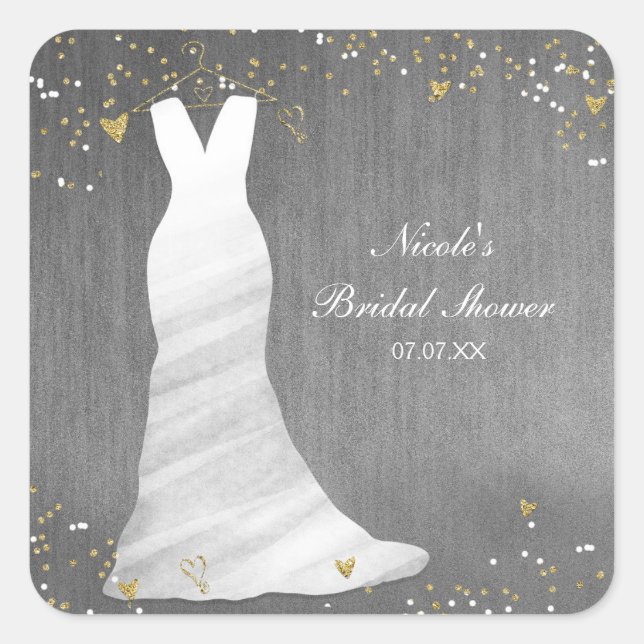 Modern Wedding Dress Confetti Hearts Bridal Shower Square Sticker (Front)