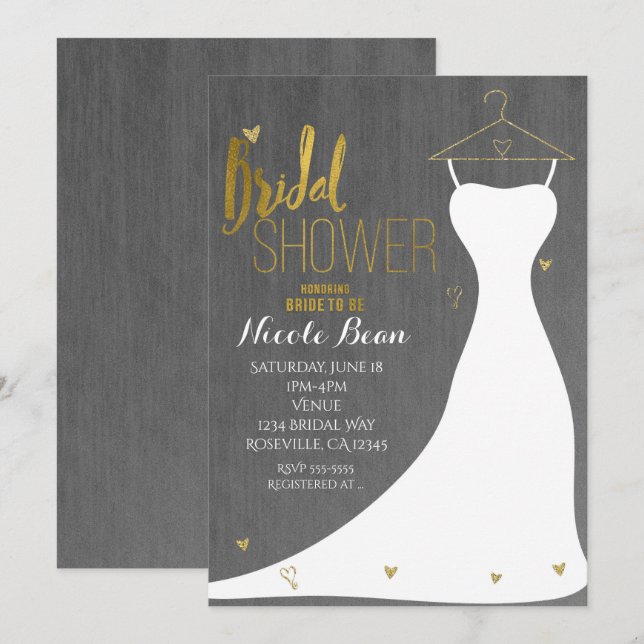 Modern Wedding Dress & Gold Hearts Bridal Shower Invitation (Front/Back)