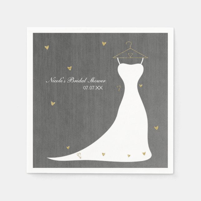Modern Wedding Dress & Gold Hearts Bridal Shower Napkins (Front)