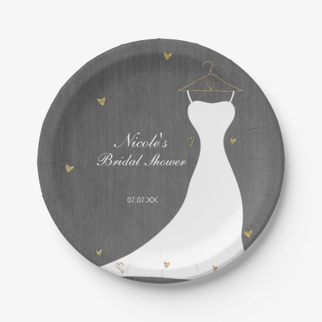 Modern Wedding Dress & Gold Hearts Bridal Shower Paper Plates (Front)