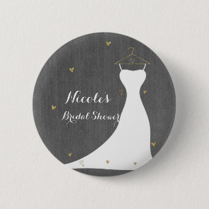 Modern Wedding Dress & Gold Hearts Bridal Shower Pinback Button