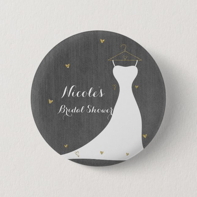 Modern Wedding Dress & Gold Hearts Bridal Shower Pinback Button (Front)