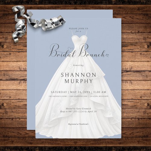 Modern Wedding Dress on Blue Bridal Brunch Invitation