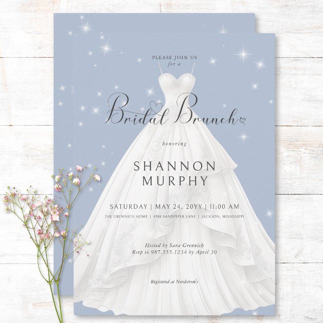 Modern Wedding Dress on Blue Sparkle Bridal Brunch Invitation (Modern Wedding Dress on Blue Sparkle Bridal Brunch Invitation)
