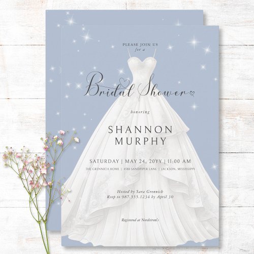 Modern Wedding Dress on Blue Sparkle Bridal Shower Invitation