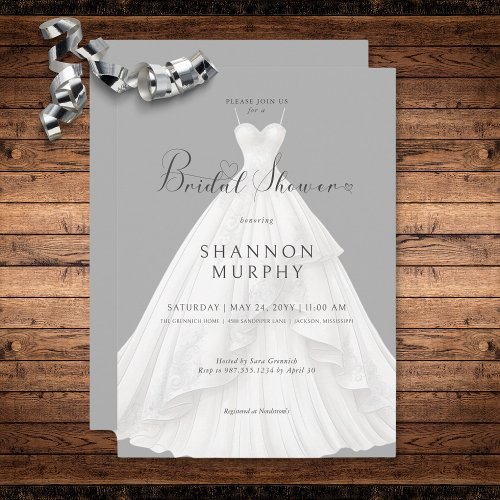 Modern Wedding Dress on Gray Bridal Shower Invitation