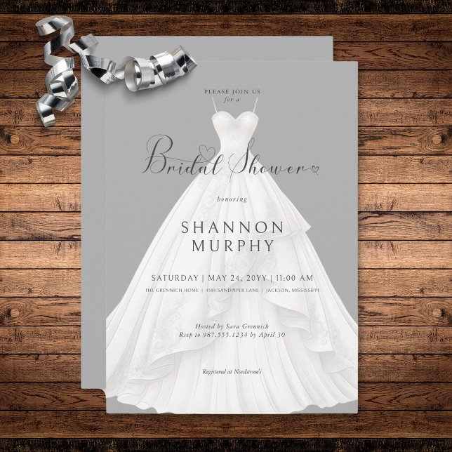 Modern Wedding Dress on Gray Bridal Shower Invitation (Modern Wedding Dress on Gray Bridal Shower Invitation)