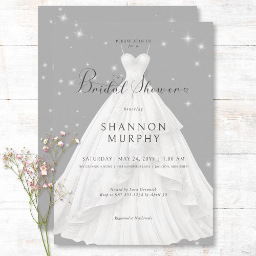 Modern Wedding Dress on Gray Sparkle Bridal Shower Invitation