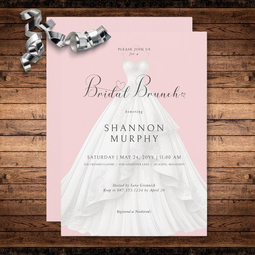 Modern Wedding Dress on Pink Bridal Brunch Invitation