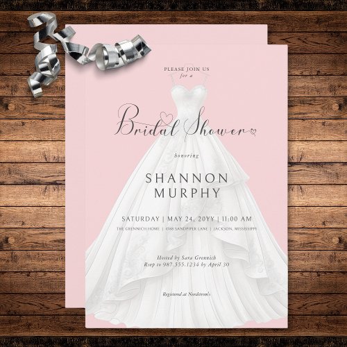 Modern Wedding Dress on Pink Bridal Shower Invitation