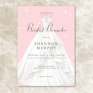 Modern Wedding Dress on Pink Sparkle Bridal Brunch Invitation